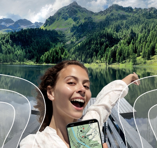 Blick auf Smartphone, in den Zwischenbereich und in die Ferne mit angedeuteten Sehbereichen eines Gleitsichtglases.